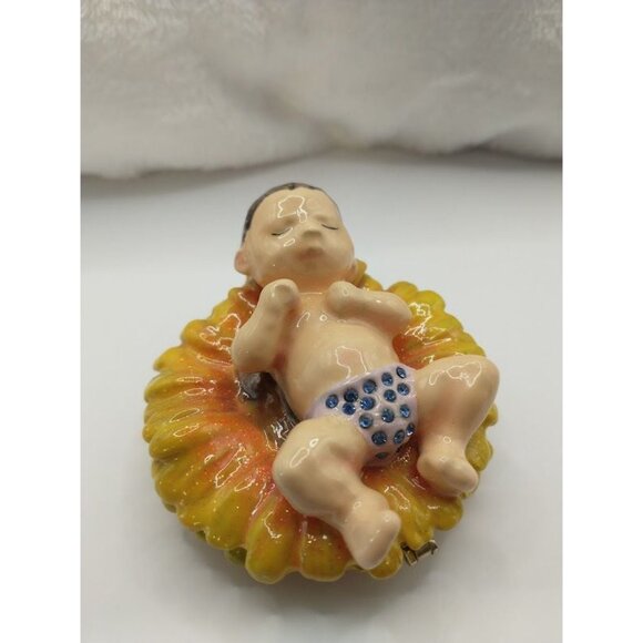 Hand-Painted Enameled Baby Sleeping on a Sunflower Trinket Box with Necklace - Picture 2 of 9